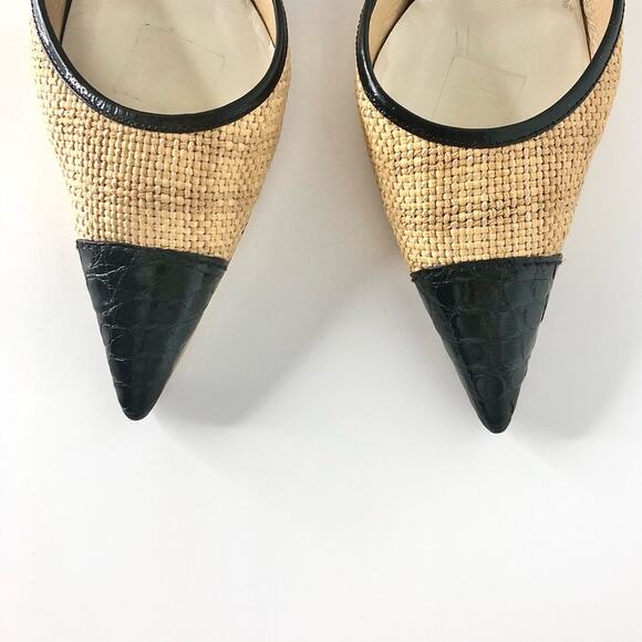 Prada Y2K Vintage Raffia Cap Toe Croc Emboss Kitten Heel Pointed Toe Mules 38.5 - Picture 4 of 13